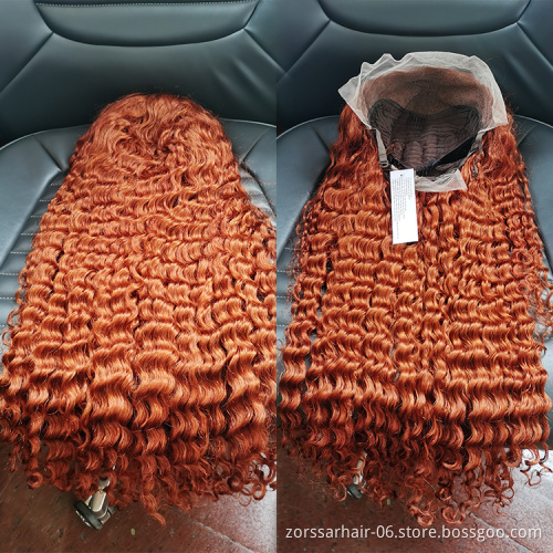 Wholesale Colored Deep Wave Virgin Brazilian Hair Wigs Human Hair Lace Front Burnt Orange Wig Transparent HD Lace Frontal Wig